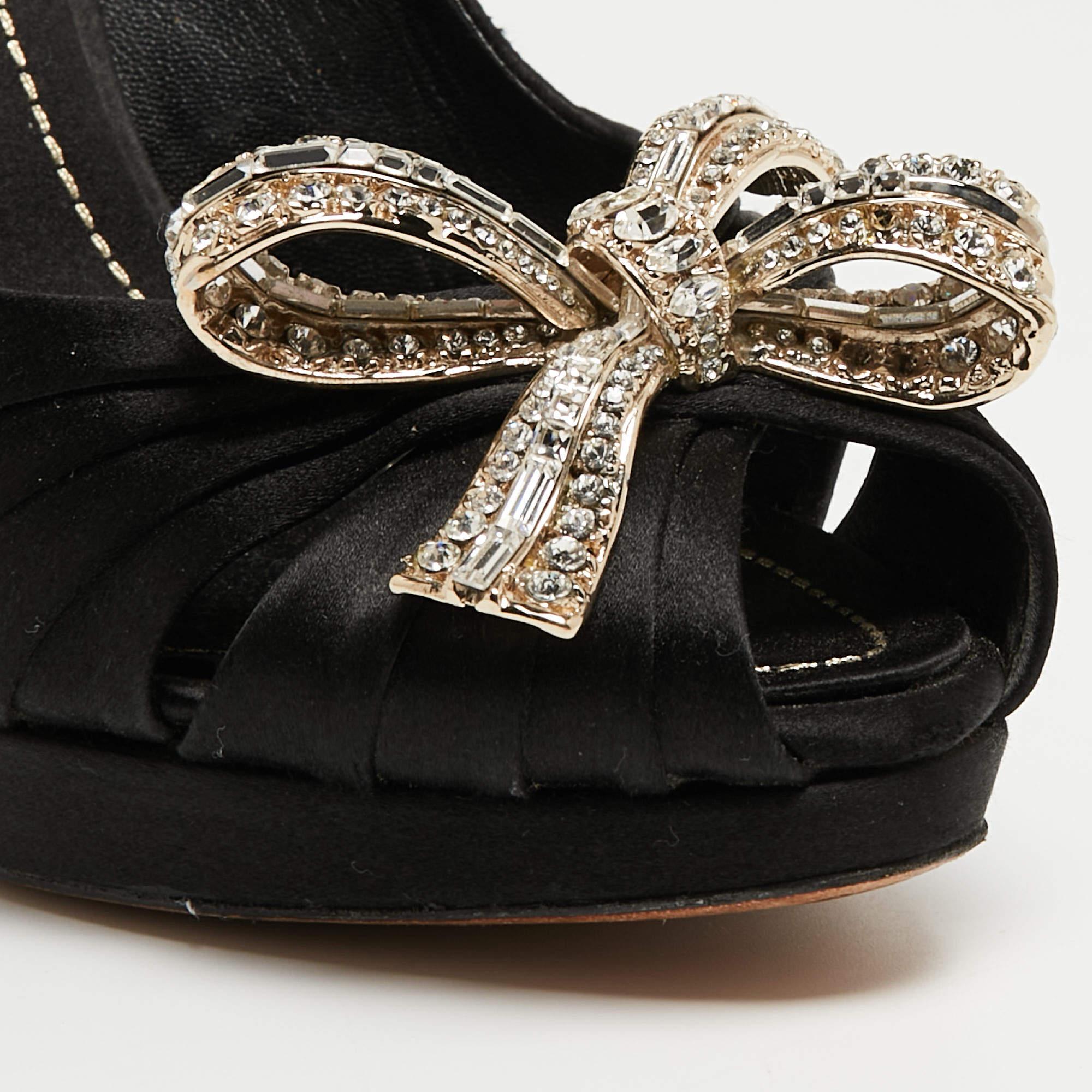 Women's Dior Black Satin Crystal Embellished Peep Toe Platform Pumps Size 37 For Sale