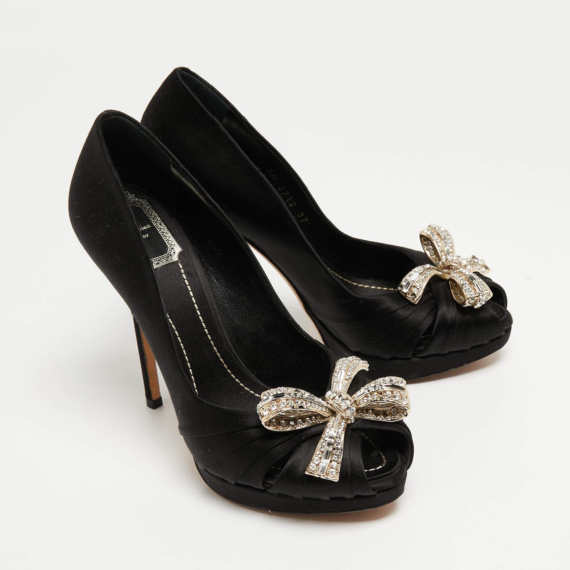 Dior Black Satin Crystal Embellished Peep Toe Platform Pumps Size 37 For Sale 1