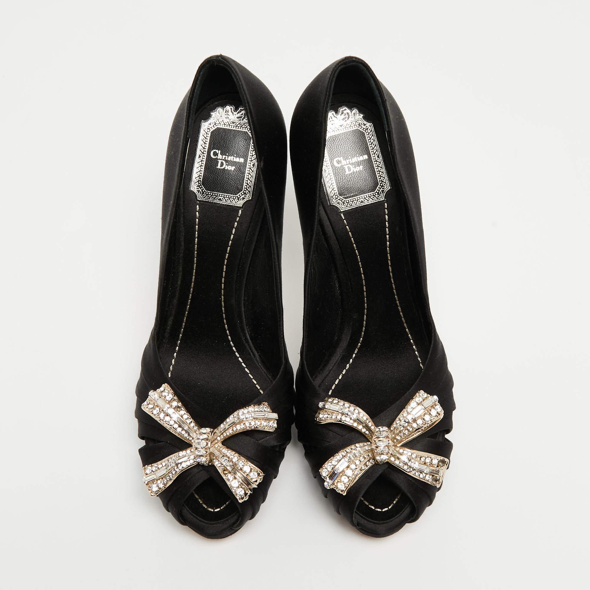 Dior Black Satin Crystal Embellished Peep Toe Platform Pumps Size 37 For Sale 2