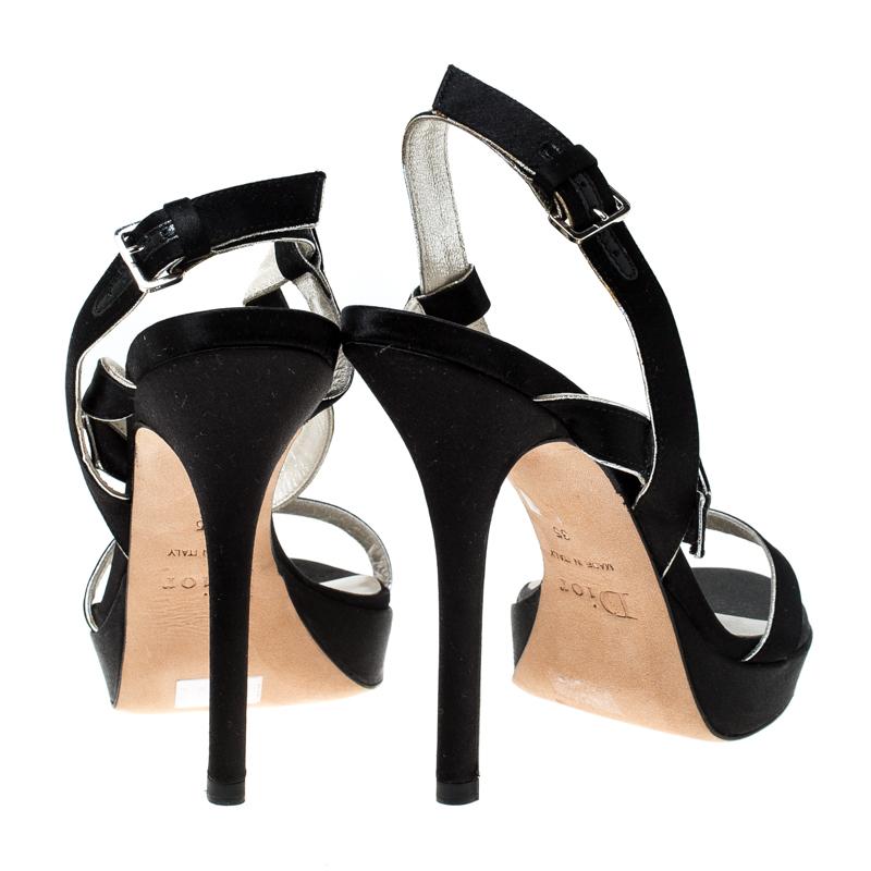 Dior Black Satin Embellished Platform Ankle Strap Sandal Size 35 In Good Condition In Dubai, Al Qouz 2