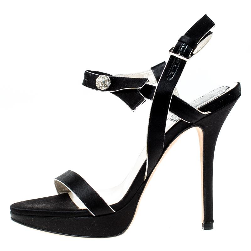 Women's Dior Black Satin Embellished Platform Ankle Strap Sandal Size 35