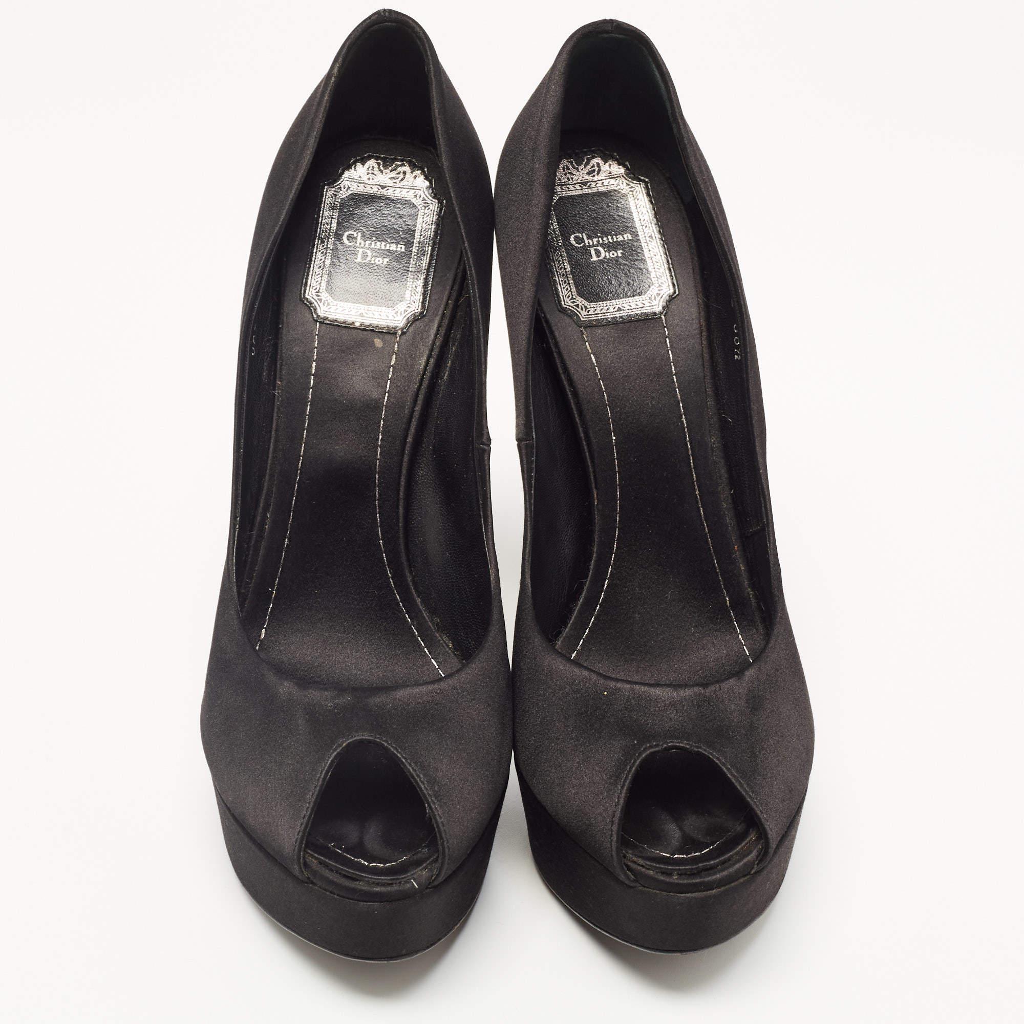 Women's Dior Black Satin Miss Dior Peep Toe Pumps Size 38.5