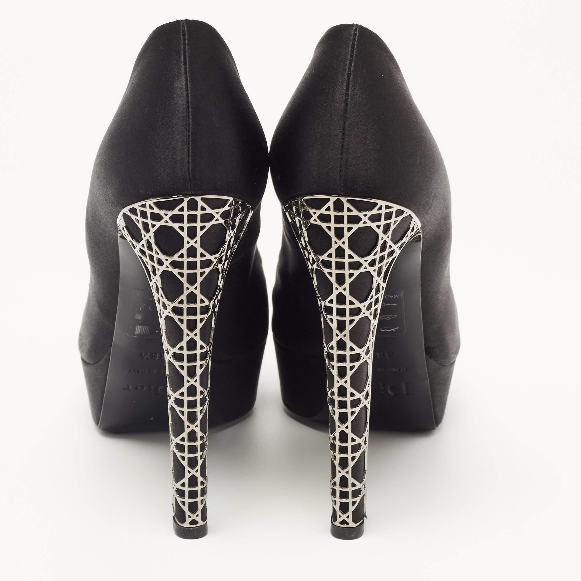 Dior Black Satin Miss Dior Peep Toe Pumps Size 38.5 For Sale 3