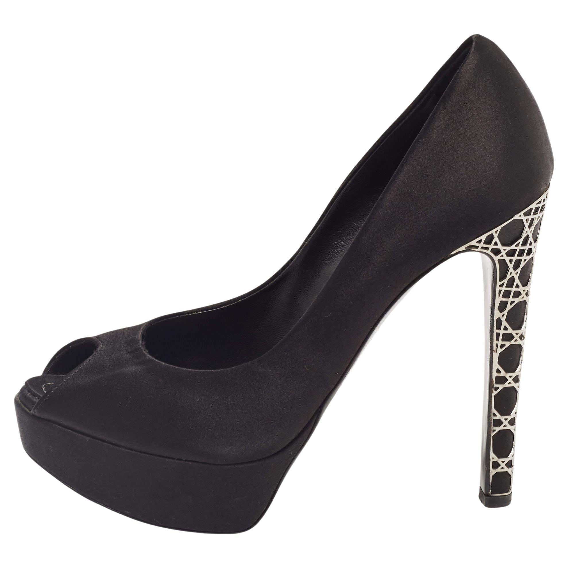 Dior Black Satin Miss Dior Peep Toe Pumps Size 38.5 For Sale