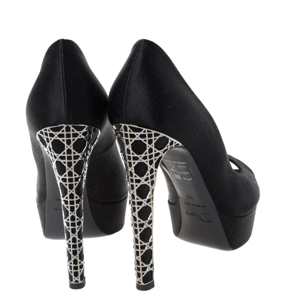 Dior Black Satin Peep Toe Cannage Heel Platform Pumps Size 39 2