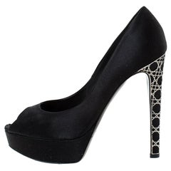 Dior Black Satin Peep Toe Cannage Heel Platform Pumps Size 39