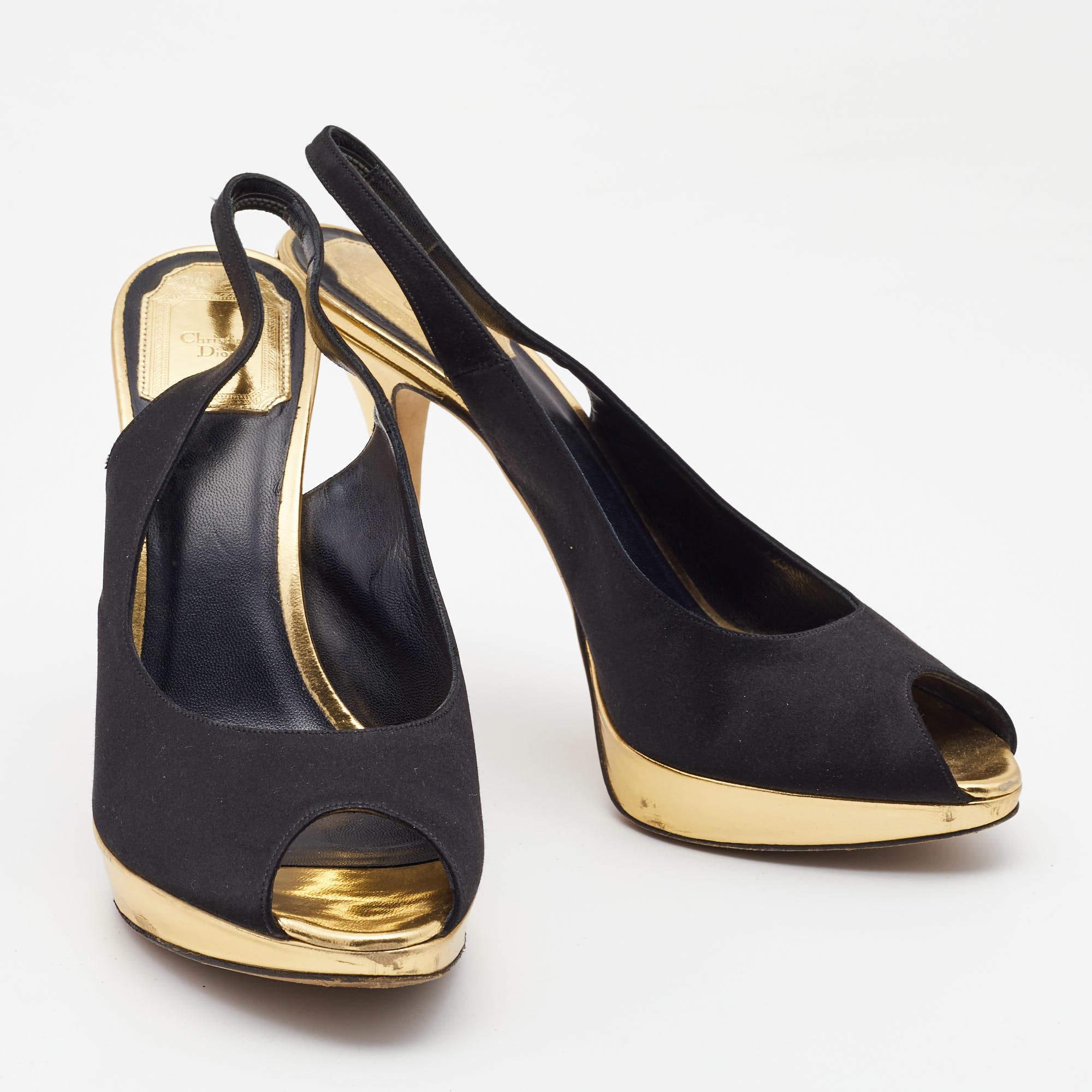 Dior Black Satin Slingback Peep Toe Pumps Size 39 In Good Condition In Dubai, Al Qouz 2