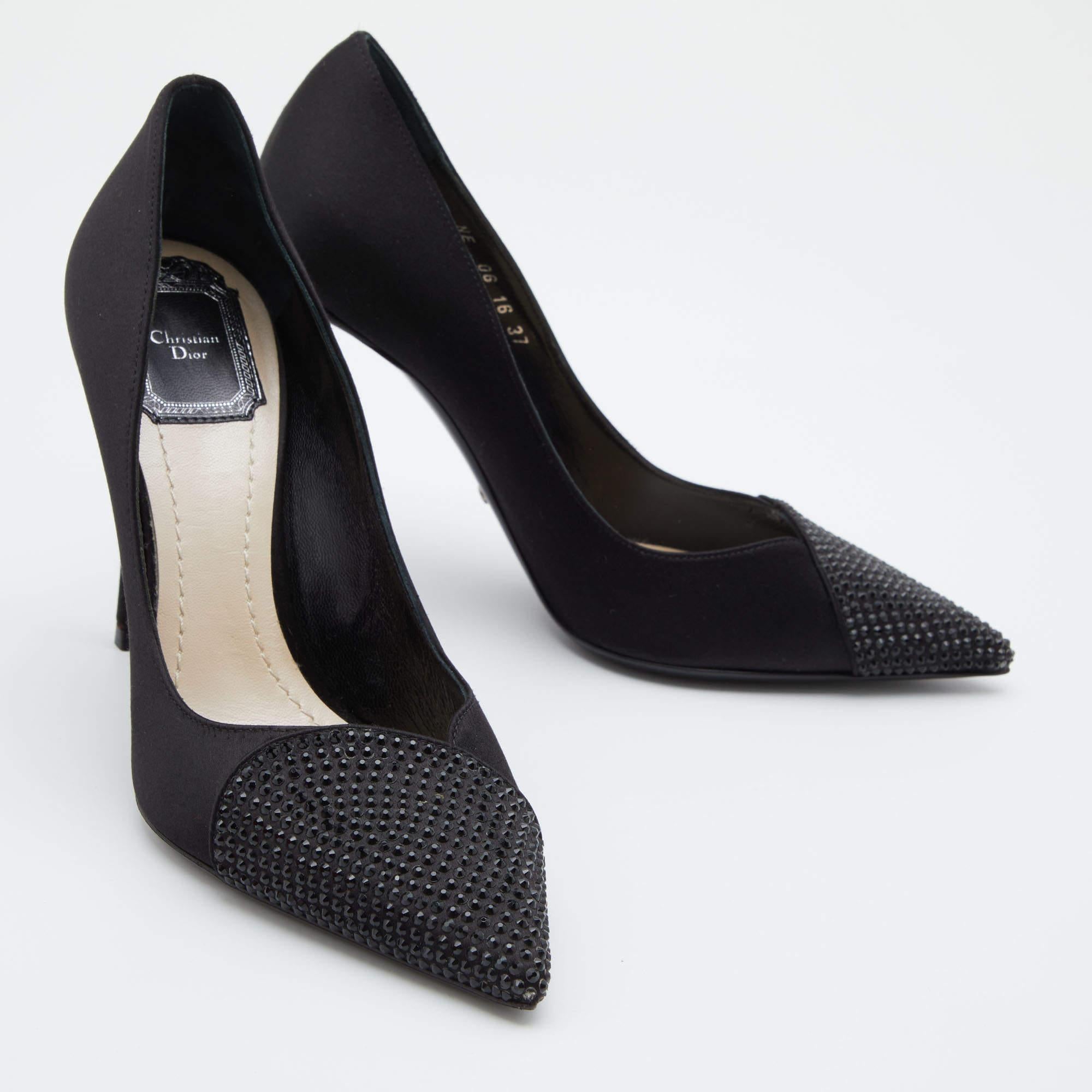 Women's Dior Black Satin Songe Crystal Embellished Pointed Toe Pumps Size 37