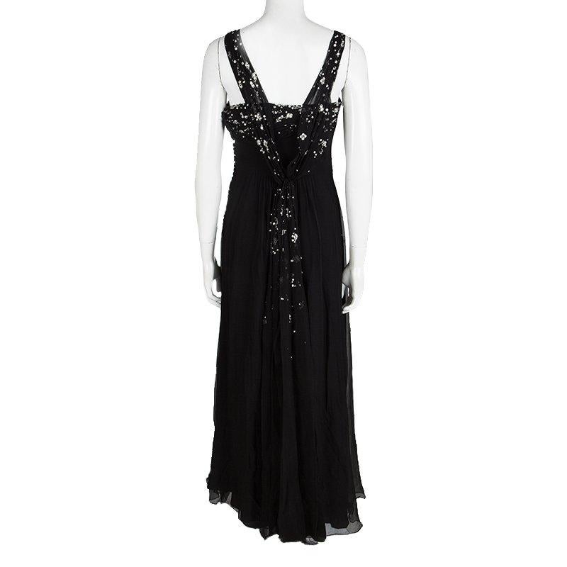 Dior Black Silk Chiffon Crystal Embellished Gown S (Schwarz)