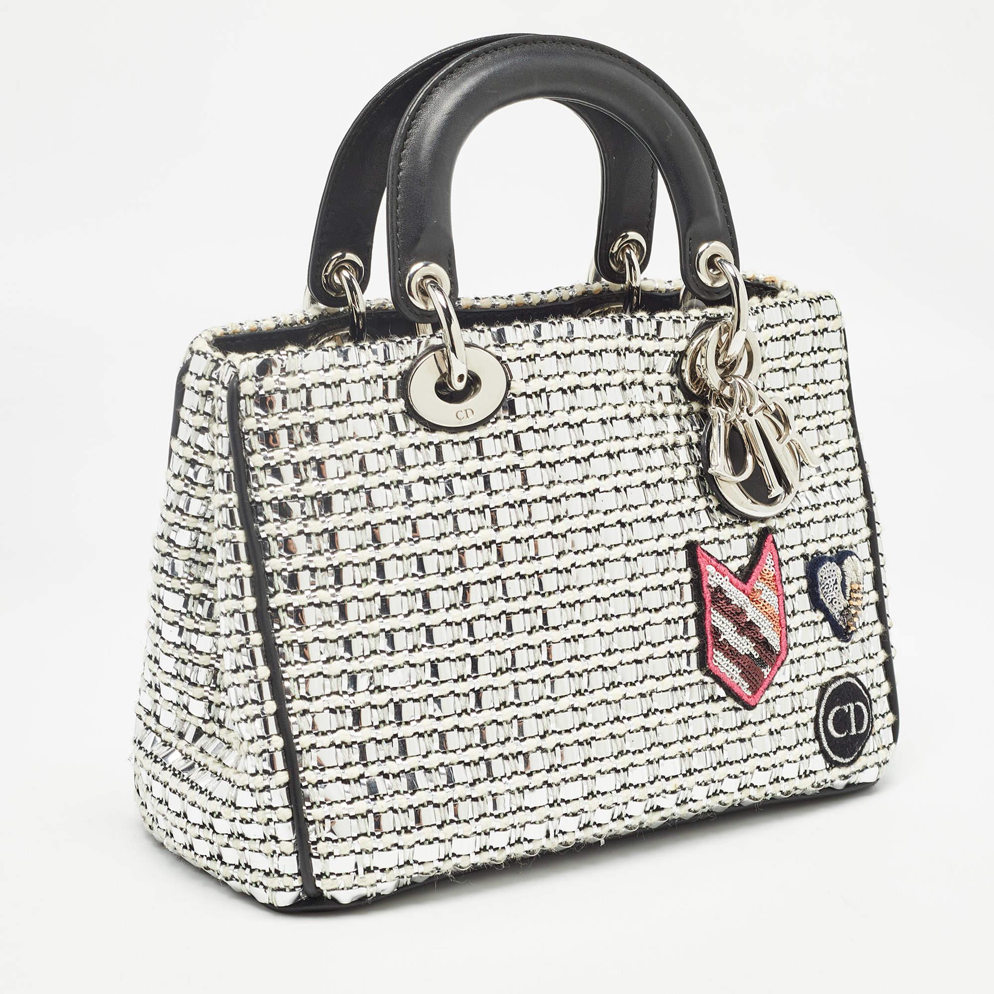 Bolso Dior negro/plata de tweed y piel con pequeño parche Diorissimo Gris en venta