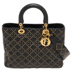 Dior Black Studded Cannage Leather Supple Lady Dior Tote
