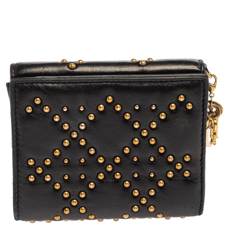 Dior Black Studded Leather Lady Dior Compact French Wallet at 1stDibs