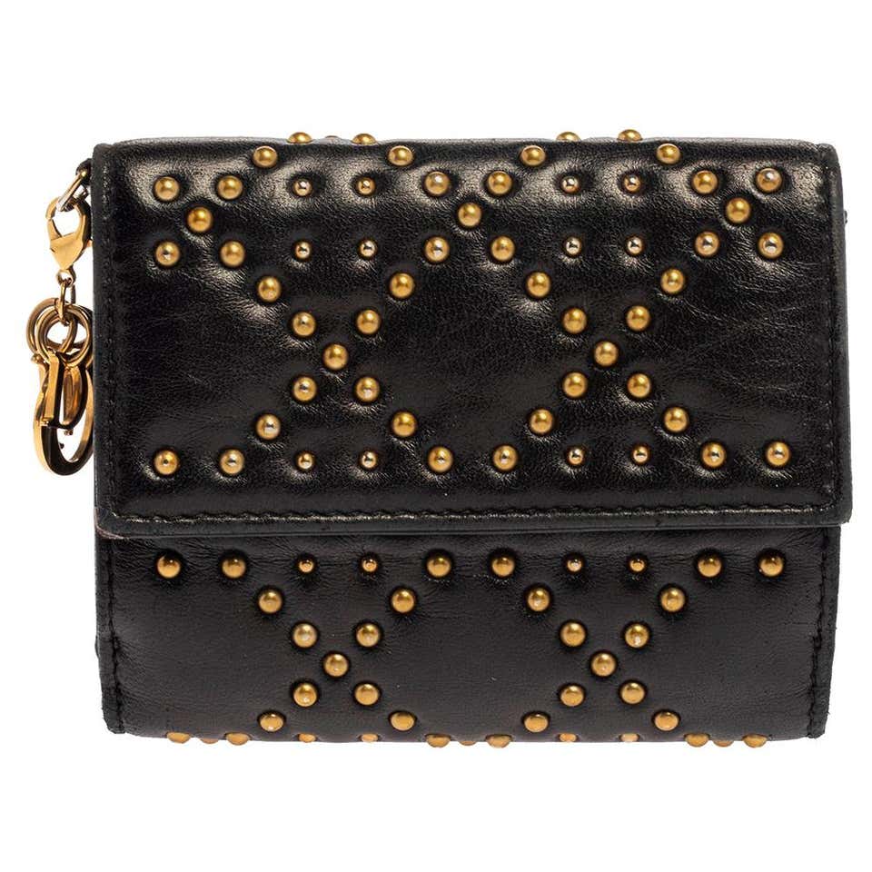 Dior Black Studded Leather Lady Dior Compact French Wallet at 1stDibs