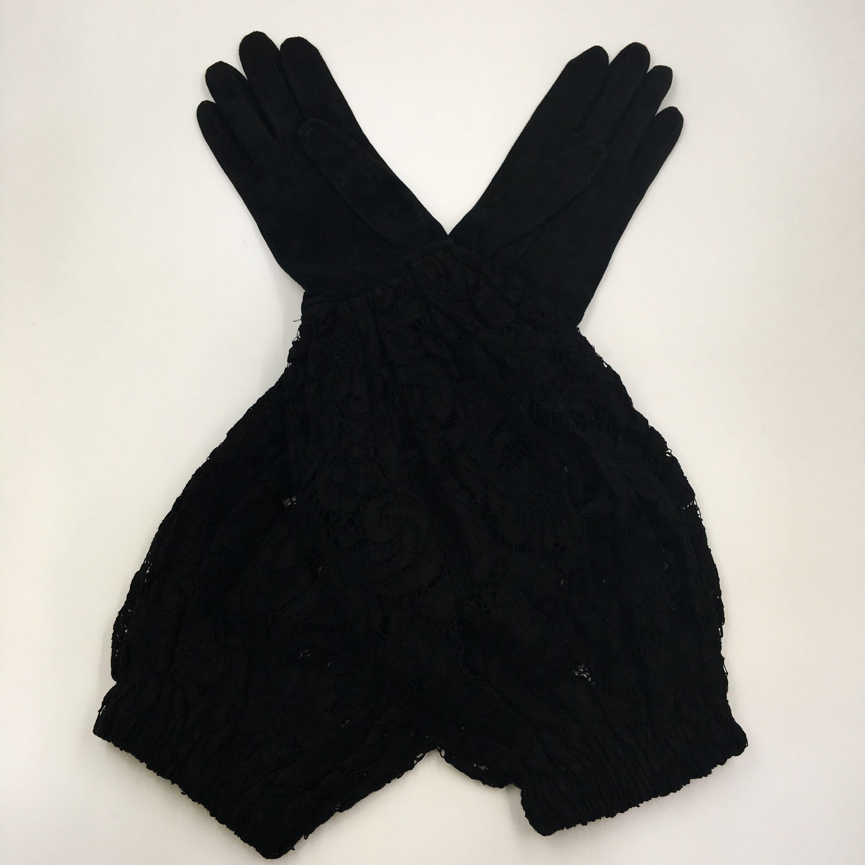Dior Black Suede and Lace Blouson Elbow Length Glove. Printed inside Christian Dior and Glove Size 8. No woven label inside.  Normal vintage press marks from being folded and boxed. Some photos use a flash to show details. Gloves are a true black
