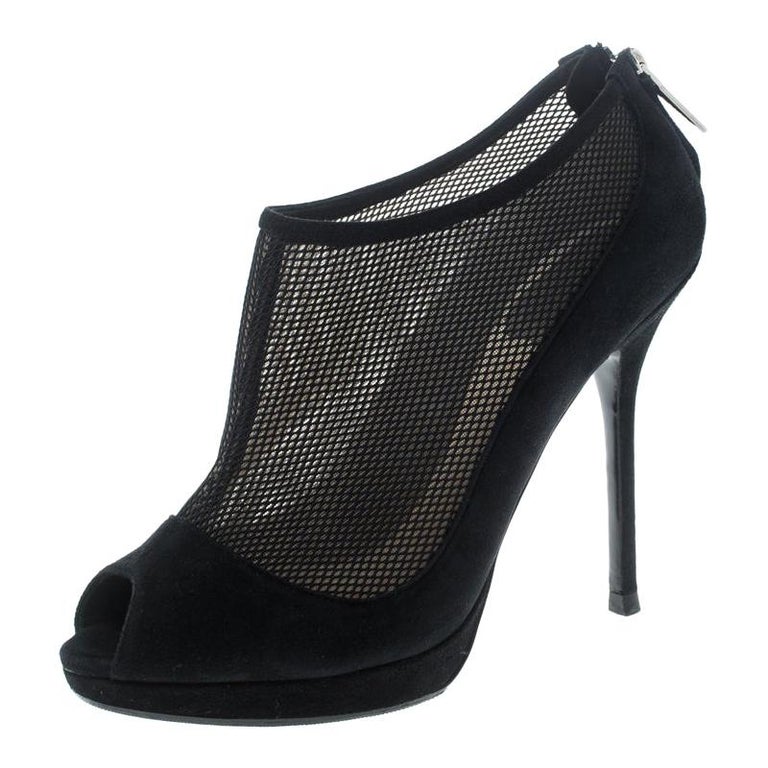 Dior Black Suede and Mesh Peep Toe Platform Booties Size 37 For Sale at ...