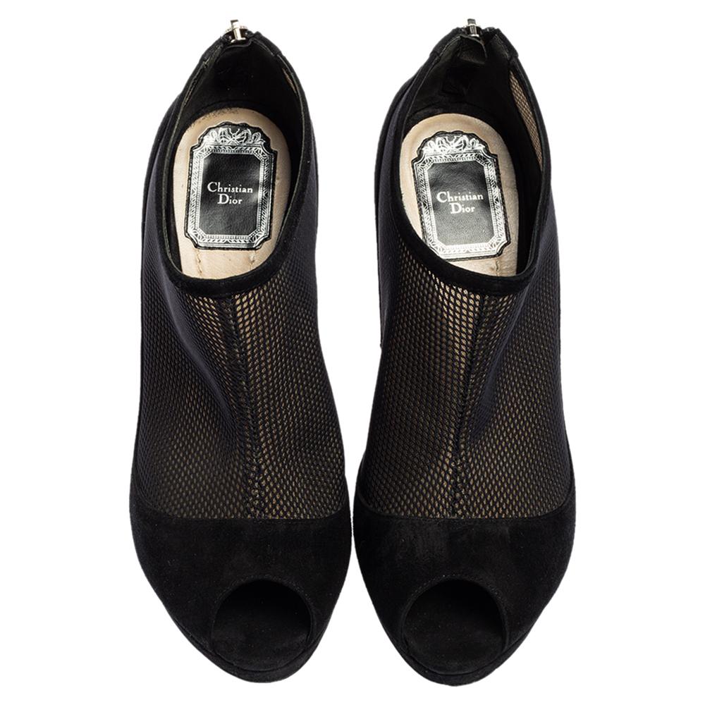 Dior Black Suede And Mesh Peep Toe Platform Booties Size 37.5 In Good Condition In Dubai, Al Qouz 2