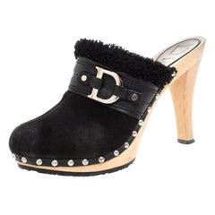 Dior Black Suede and Shearling Logo Buckle Clogs Size 40