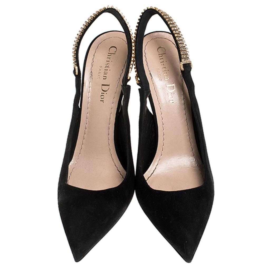 Flaunt these fabulous sandals from Dior and step out in style. These sandals crafted from suede are the epitome of style and comfort. They come in black and have crystal-embellished slingbacks that add interest. With pointed toes, 10.5 cm heels and