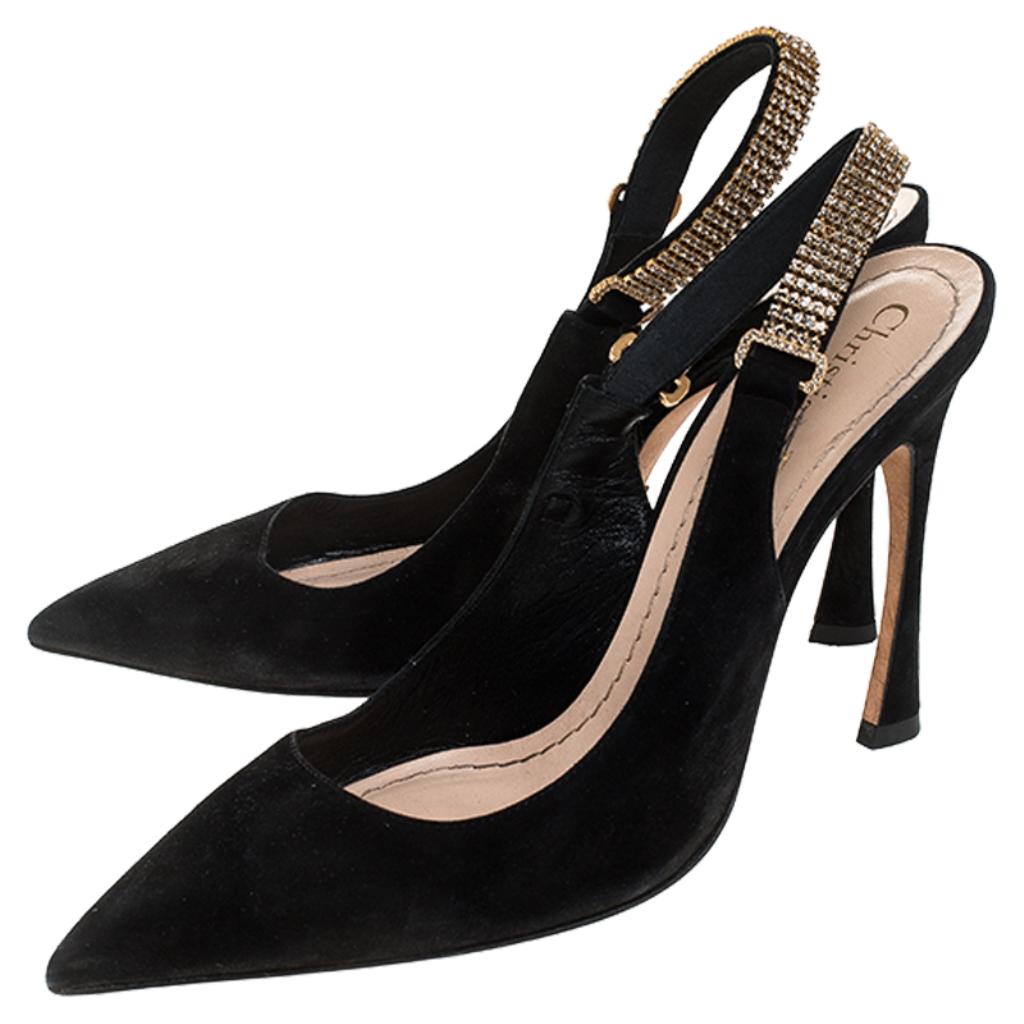 Dior Black Suede Crystal Embellished Slingback Sandals Size 37 In Good Condition In Dubai, Al Qouz 2