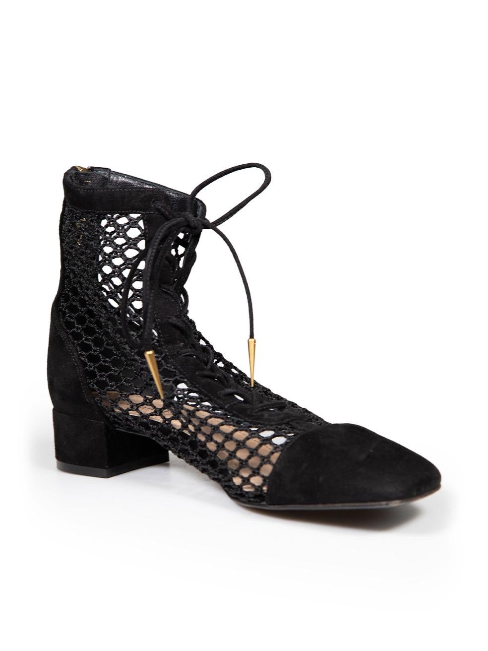 CONDITION is Very good. Minimal wear to the ankle boots is seen with some scuff marks that are evident on this used Dior designer resale item.
 
 
 
 Details
 
 
 Model: Naughtily D
 
 Black
 
 Suede
 
 Ankle heels
 
 See through net detail
 
 Lace