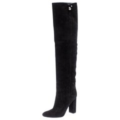 Dior Black Suede Silver-Tone Logo Over The Knee Block Heel Boot Size 37.5