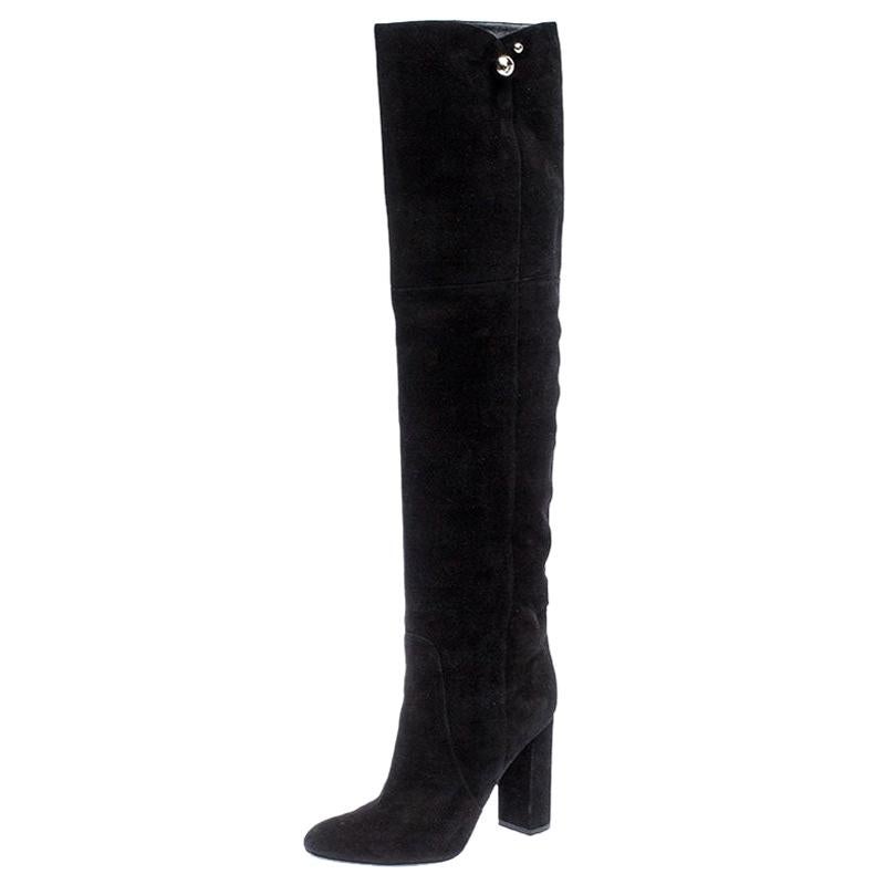 Dior Black Suede Silver-Tone Spherical Over The Knee Block Heel Boot Size 37.5