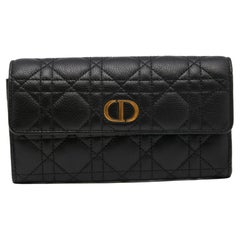 Dior Black Supple Cannage Leather Caro Flap Continental Wallet