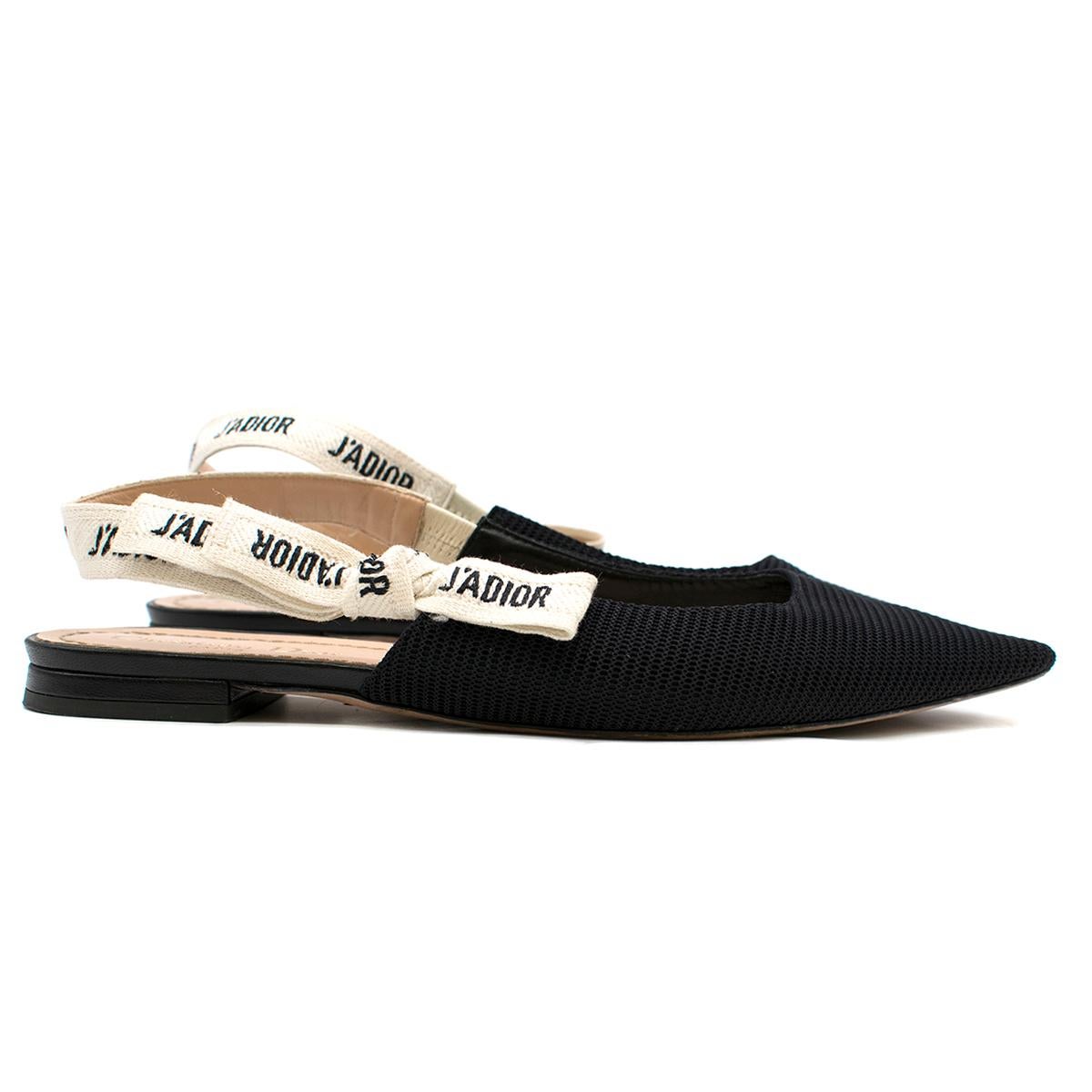 Dior Black Technical Canvas J'Adior Slingback Ballerina Flats

- Stretch sling-back ballet pumps in black technical canvas fabric
- White and black logo-embroidered bow ribbon
- Point-toe
- Leather sole with star accessory
- Low heel 

Please note,