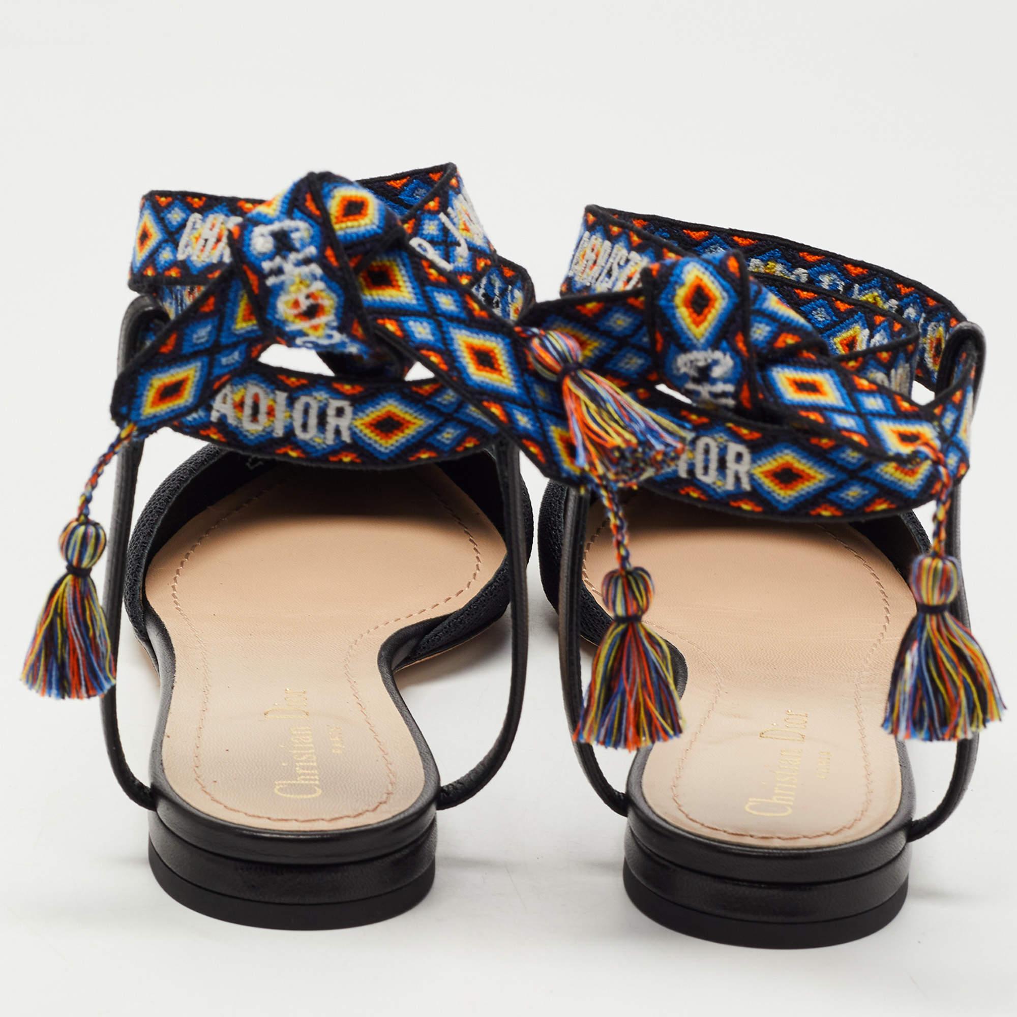 Dior Black Technical J'adior Pointed Toe Ankle Wrap Flat Sandals Size 37.5 In New Condition In Dubai, Al Qouz 2
