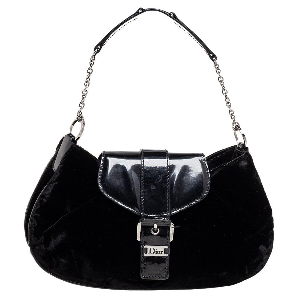 Dior Black Velvet And Patent Leather Flap Buckle Chain Pochette at 1stDibs