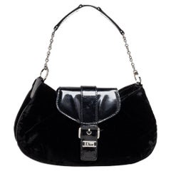 Dior Black Velvet And Patent Leather Flap Buckle Chain Pochette
