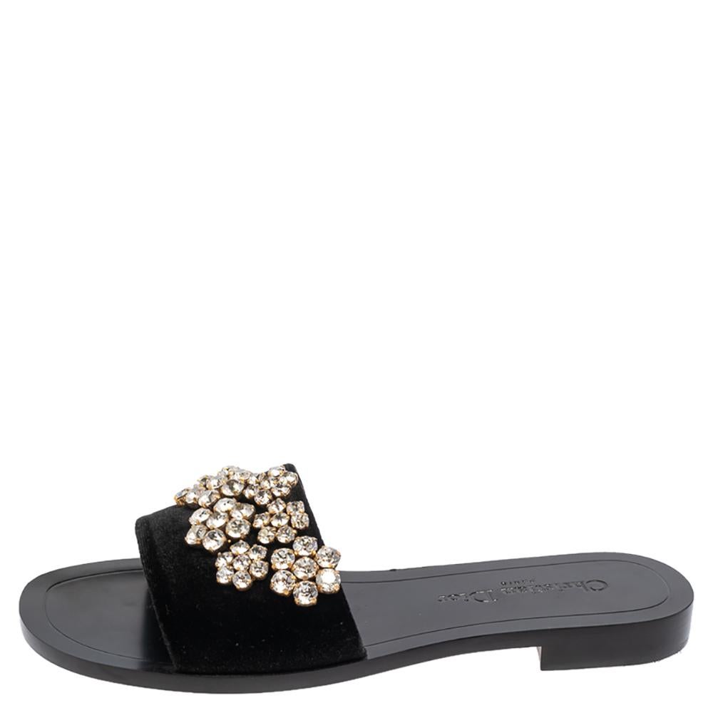 Dior Black Velvet Crystal Embellishment Flat Sandals Size 37.5 In Excellent Condition In Dubai, Al Qouz 2