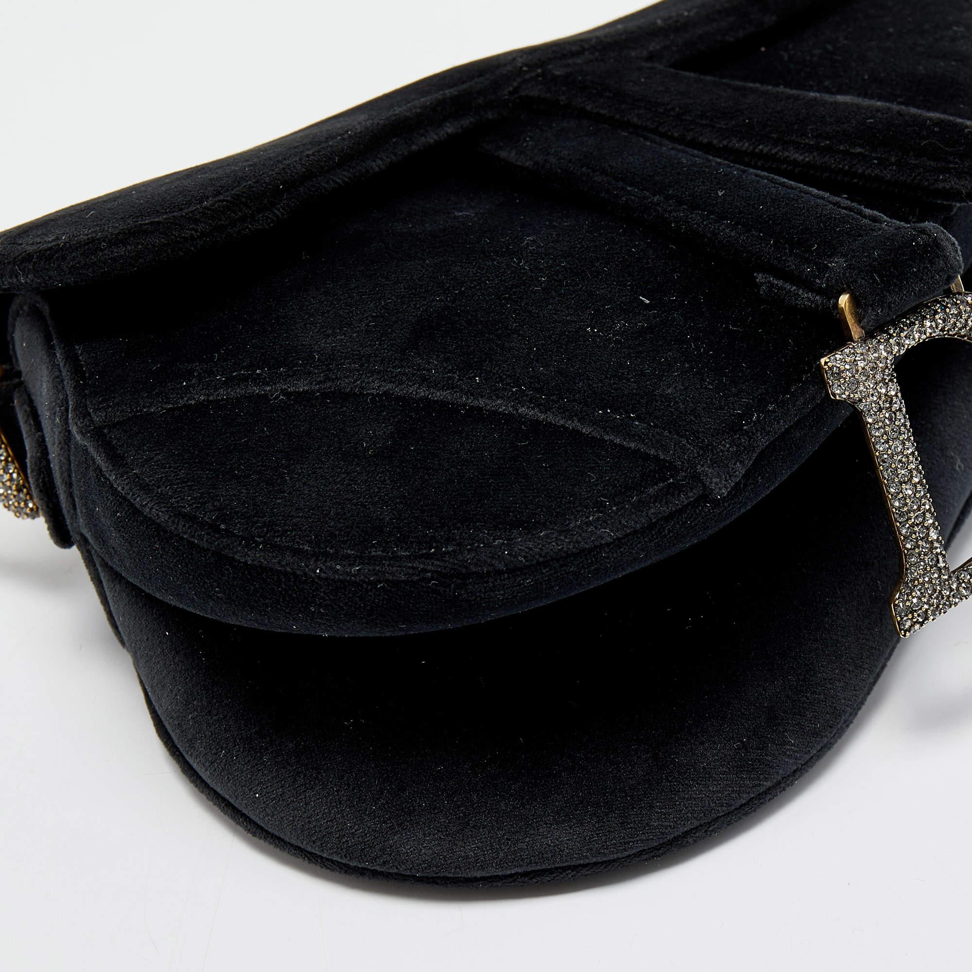 Dior Black Velvet Mini Crystal Embellished Saddle Bag 2