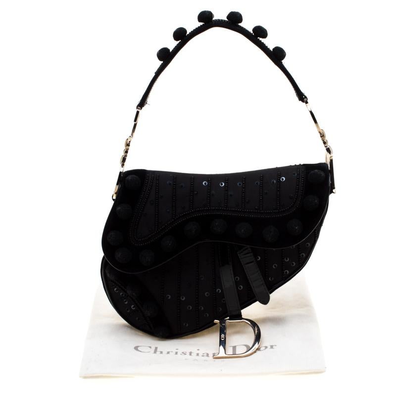 Dior Black Velvet/Nylon and Leather Pom Pom Embellished Saddle Bag For Sale 5