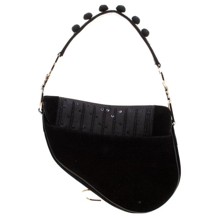 Dior Black Velvet/Nylon and Leather Pom Pom Embellished Saddle Bag For Sale at 1stdibs