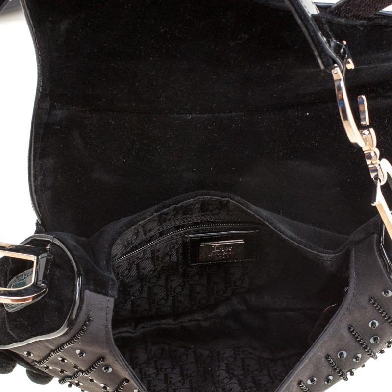 Women's Dior Black Velvet/Nylon and Leather Pom Pom Embellished Saddle Bag