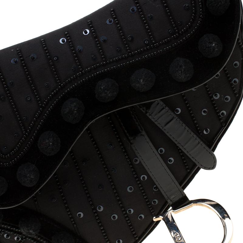 Dior Black Velvet/Nylon and Leather Pom Pom Embellished Saddle Bag For Sale 2