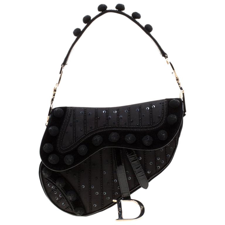 Dior Black Velvet/Nylon and Leather Pom Pom Embellished Saddle Bag