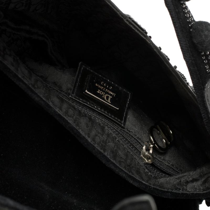 Dior Black Velvet/Nylon and Leather Vintage Pom Pom Embellished Saddle Bag 2