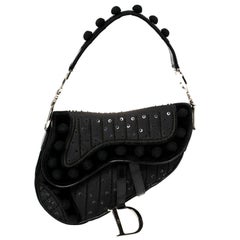 Dior Black Velvet/Nylon and Leather Vintage Pom Pom Embellished Saddle Bag