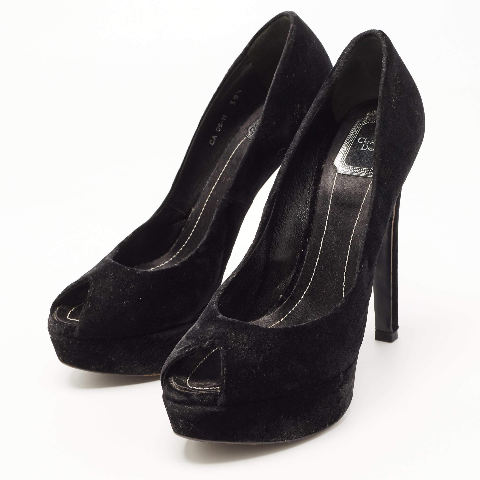 Dior Black Velvet Peep Toe Platform Pumps Size 38.5 For Sale 4
