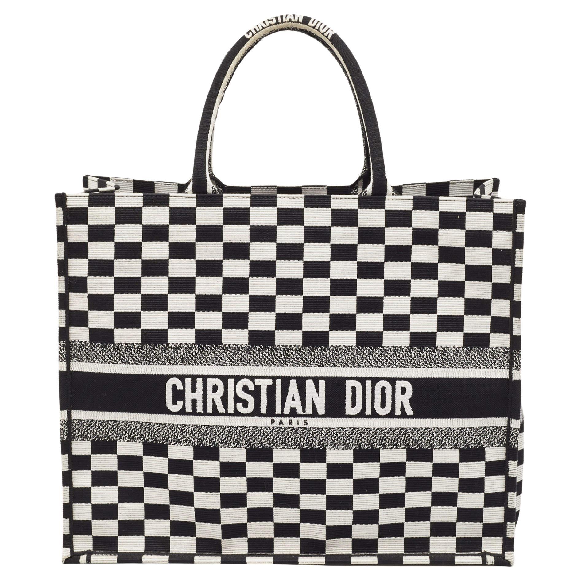 Dior Black/White Checkered Embroidered Canvas Large Book Tote For Sale