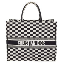 Used Dior Black/White Checkered Embroidered Canvas Large Book Tote