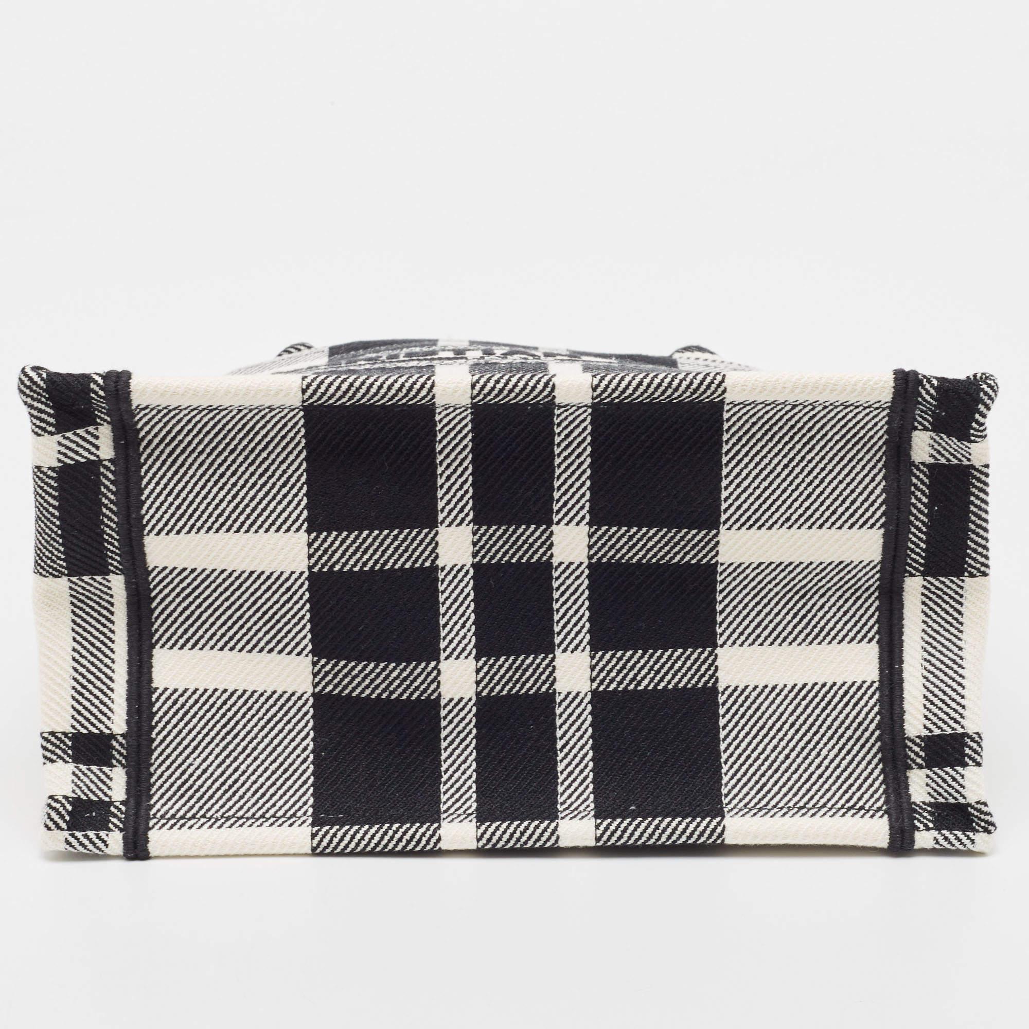 Gray Dior Black/White Check'N'Dior Canvas Small Book Tote