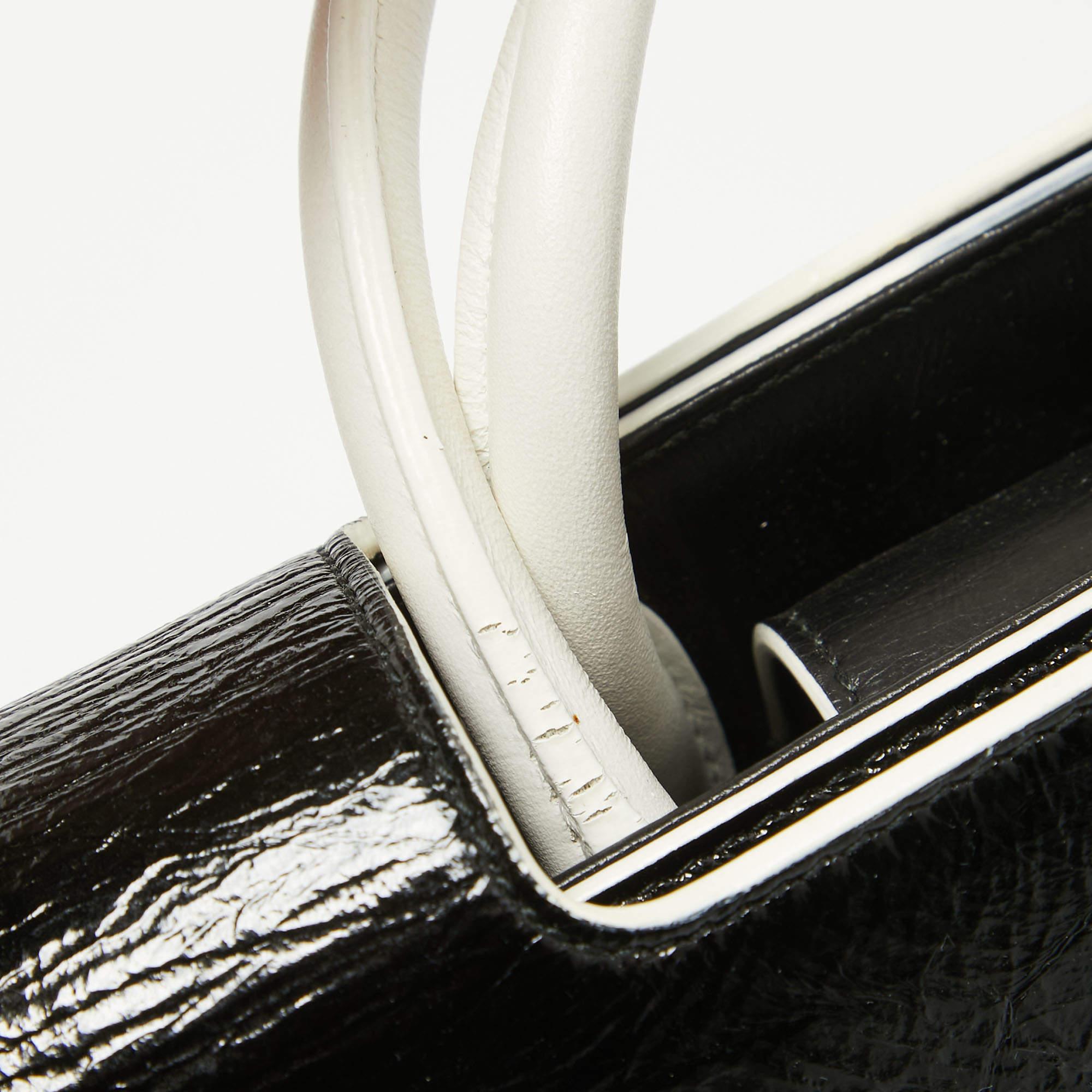 Dior Black/White Crinkled Patent Leather Medium Diorever Top Handle Bag For Sale 2