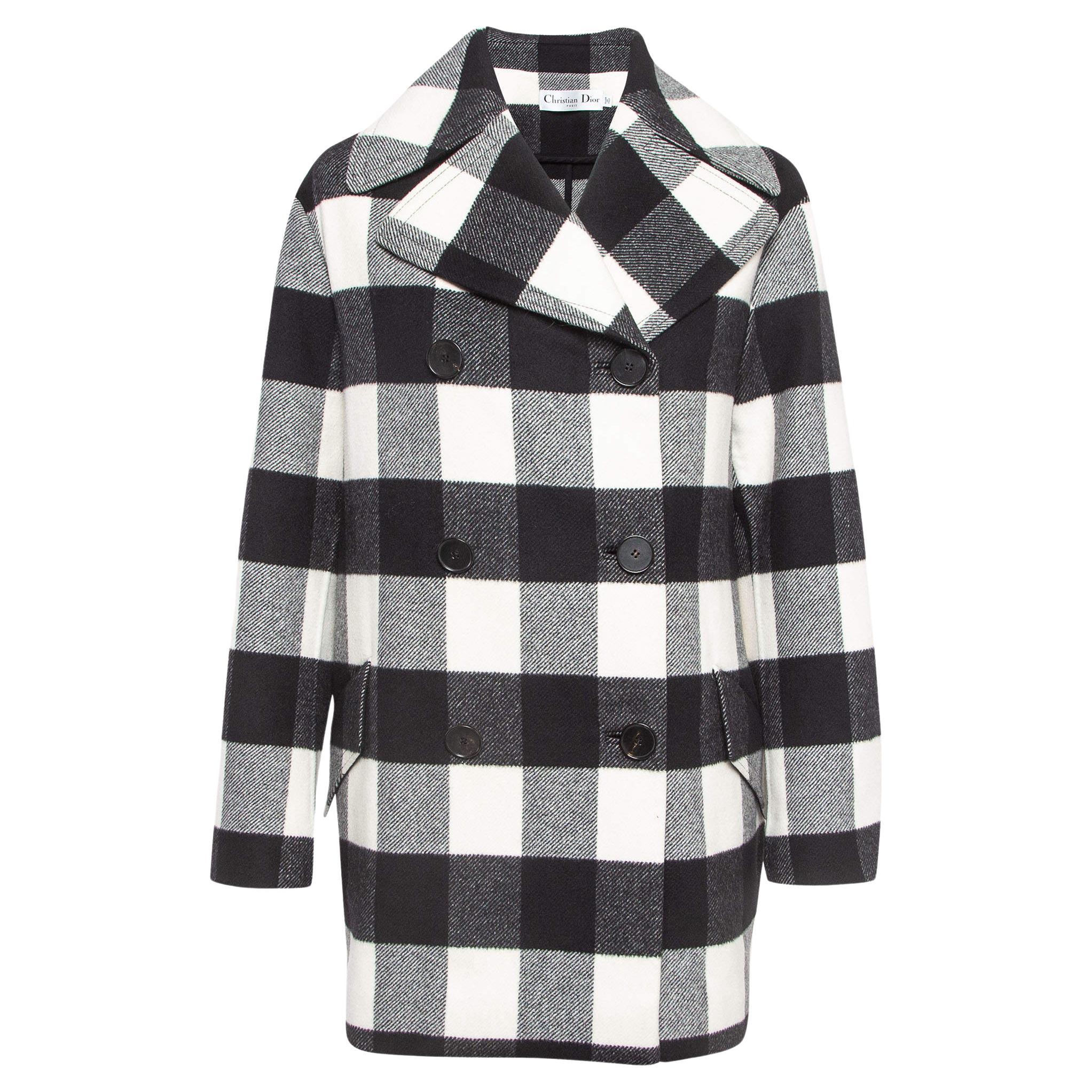 Dior Black/White Gingham Wool Double Breasted Coat M For Sale
