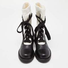 Dior Black /White Leather and Knit Fabric Diorland Combat Boots Size 37