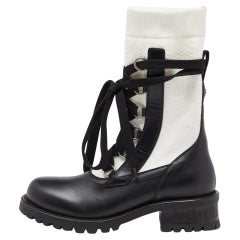 Dior Black /White Leather and Knit Fabric Diorland Combat Boots Size 37