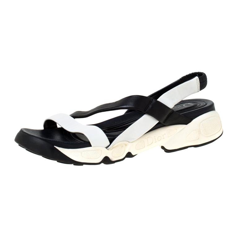 Dior Black/White Leather Cross Strap Slingback Flat Sandals Size 36.5