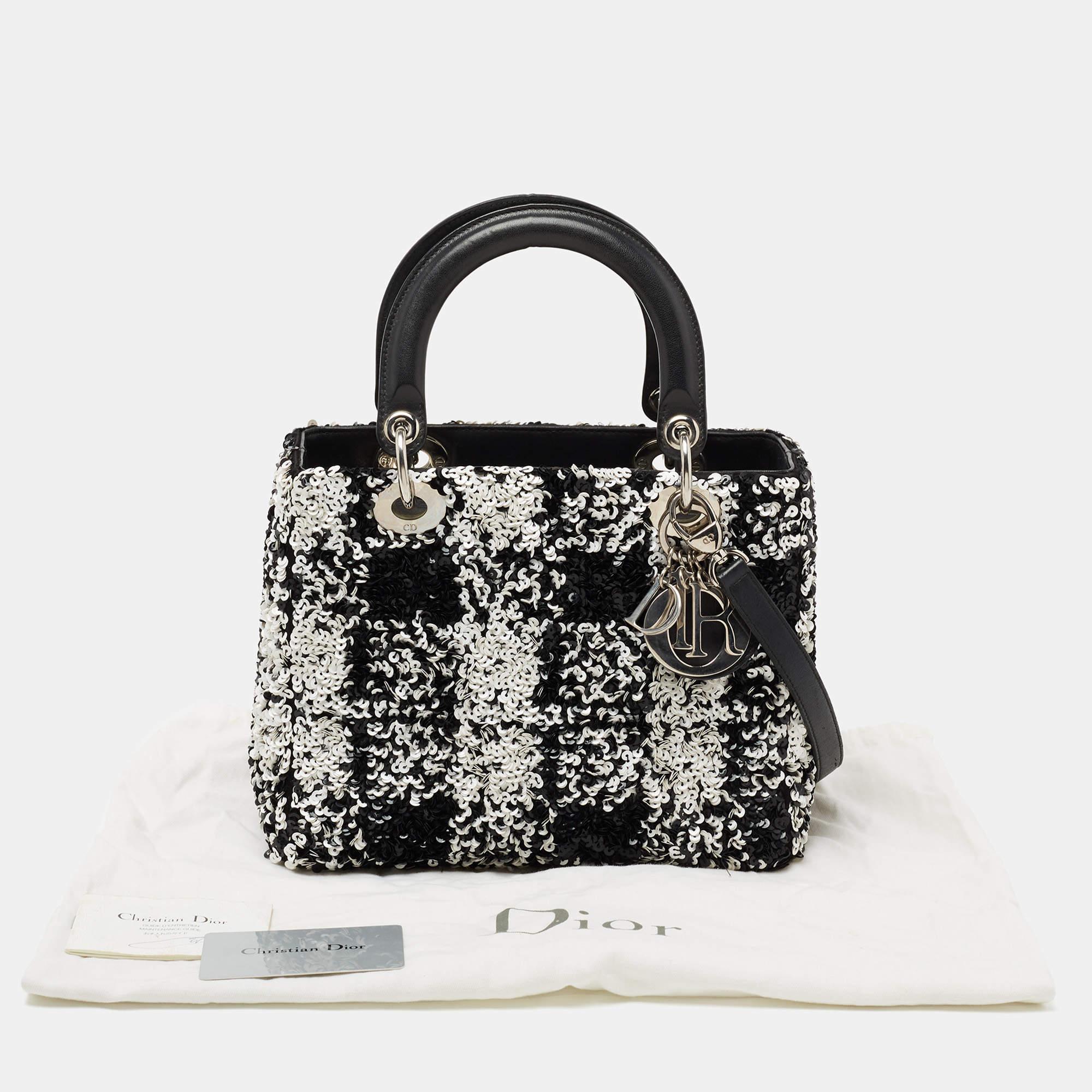 Dior Black/White Sequins and Leather Medium Lady Dior Tote 8
